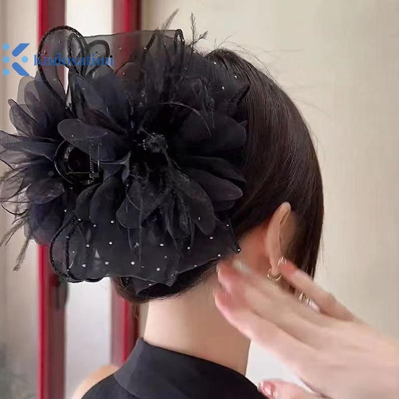 Kudosation Lưới Ren Đen Ruy Băng Nơ Tóc Vuốt Kẹp Tóc Lớn Đuôi Ngựa Giá Đỡ Kẹp Tóc Phụ Kiện Tóc Cho Nữ