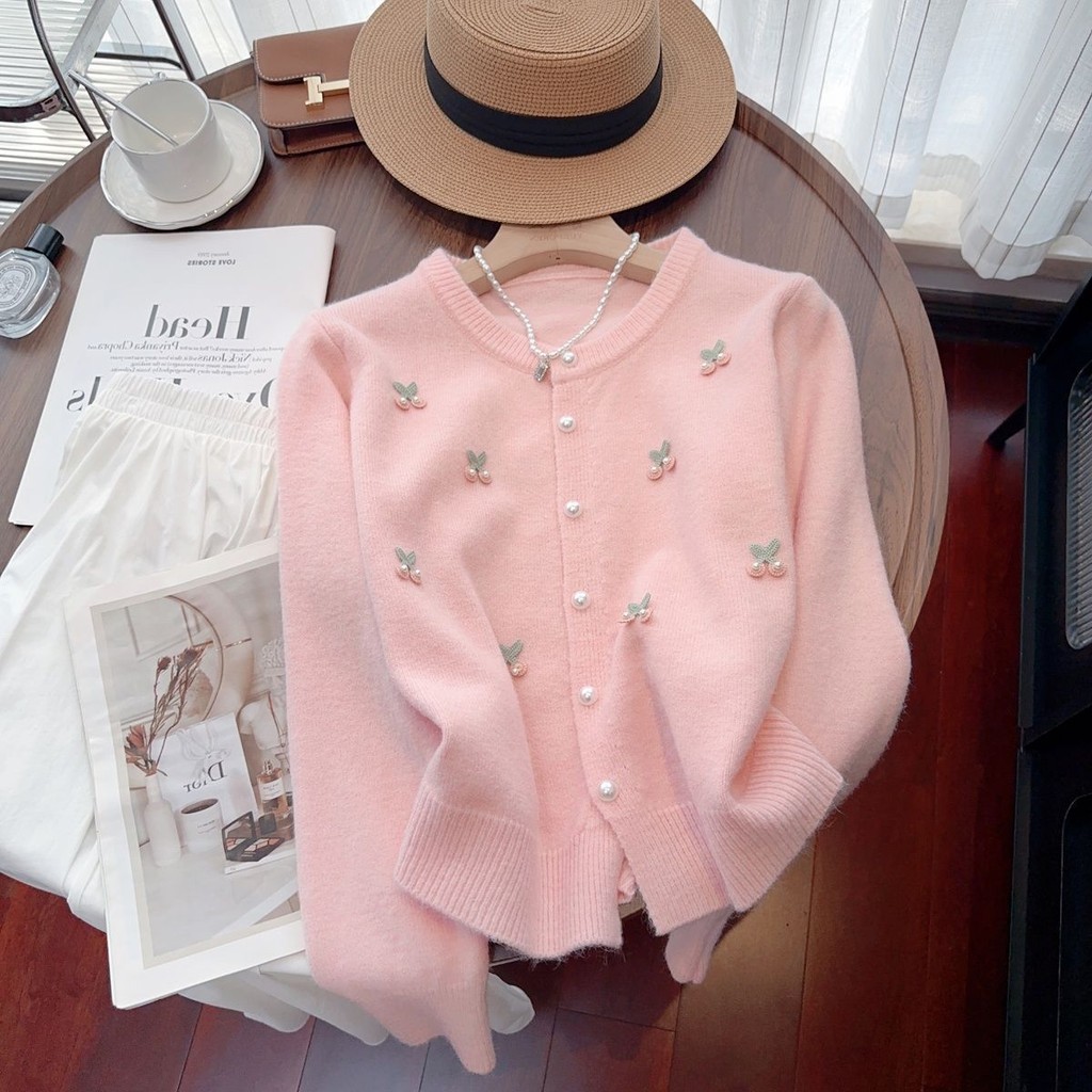 Áo len Hàn Quốc Cardigan dệt kim kiểu Pháp ngọt ngào nhẹ nhàng mềm mại cổ tròn áo len dễ phối