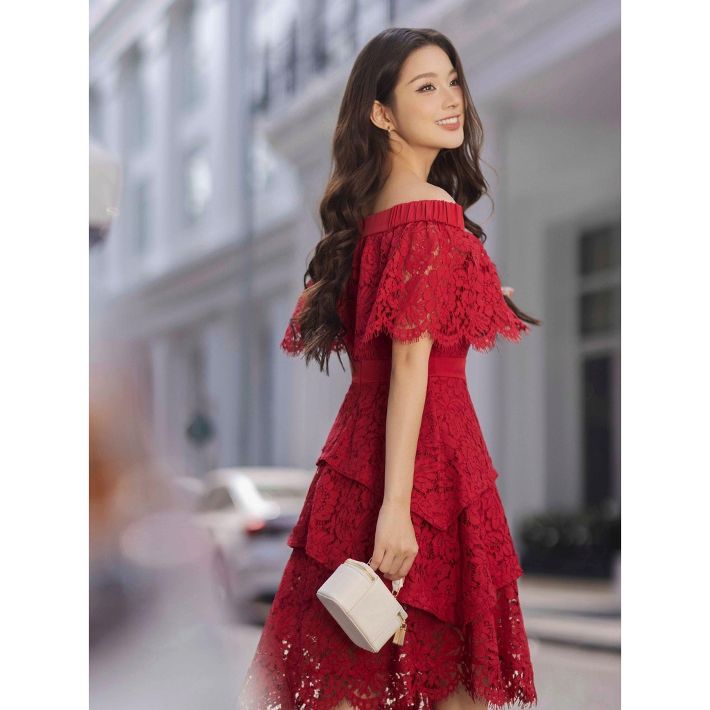 Ảnh JOVEN Đầm Nữ Naomi Midi 3 Tầng Lai Xéo Bẹt Vai Có Bèo Nhún 3