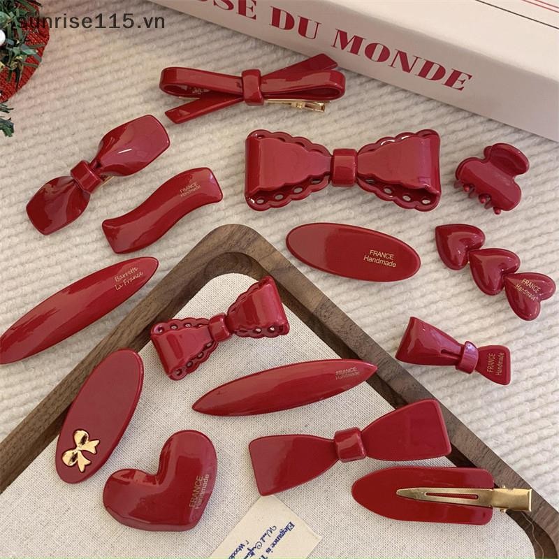 Srvn Đỏ Pháp Nơ Bên Kẹp Cho Bé Gái Vintage Ngọt Ngào Acetate Vuốt Tóc Barrettes Hợp Thời Trang Hàng Ngày Phụ Kiện Tóc.