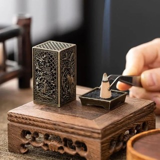 SHUPUN 1 Cái Lư Hương, với Hoa Văn Rỗng Hoa Sen Dọc Vuông, Gỗ Đàn Hương Bền Retro Hợp Kim Hộp Hương Nội Thất Nhà