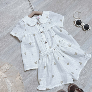 [8-26kg] Set Bộ Hè Xô Linen Xịn Cộc Tay Mềm Cho Bé Gái Đi Học Đi Chơi- Trắng Tim Nâu