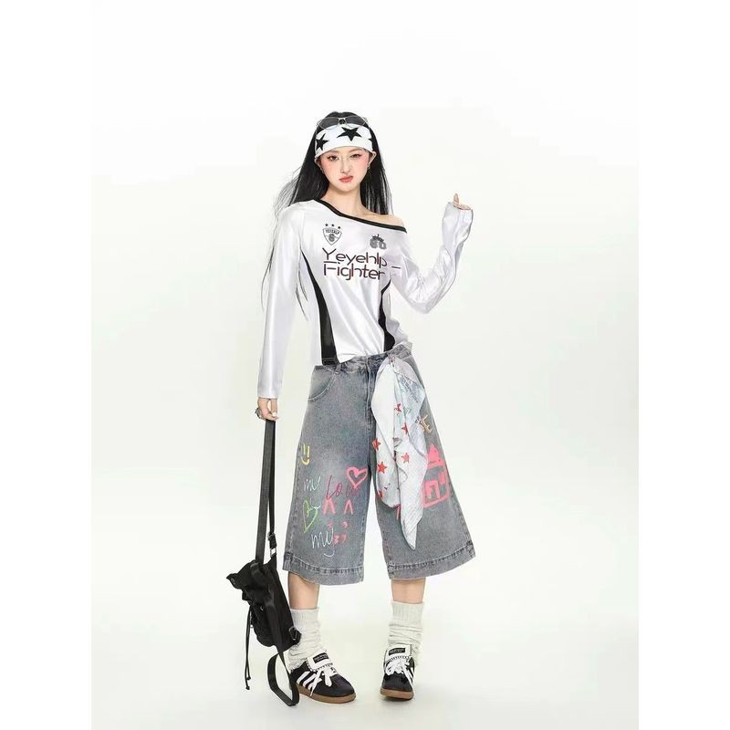 ThaliaWisp Quần Denim ống rộng thời trang với thiết kế Graffiti đầy màu sắc