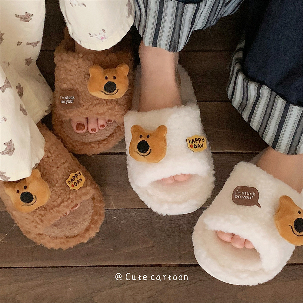 XIXITIAO Dép Giữ Ấm Đầu Gấu Lông Nữ Đế Dày Nhà Thoải Mái