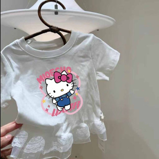 Áo thun ngắn tay cotton mới cho bé gái mùa hè, họa tiết chắp vá, viền ren, áo in hình dễ thương cho trẻ em