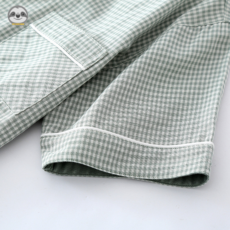Phong cách Nhật Bản Phong cách Muji / Áo sơ mi nam kẻ sọc đơn giản Bộ đồ ngắn tay bằng Cotton nguyên chất / Bộ đồ ngủ gạc Cotton nguyên chất phong cách mỏng mùa hè / Nam có thể mặc bên ngoài Loungewear