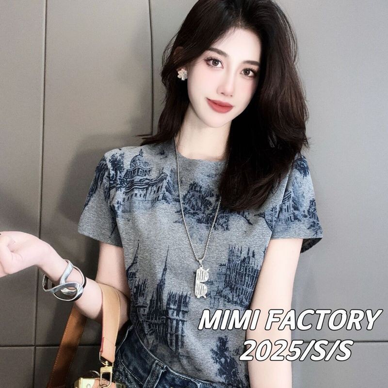 Áo thun nữ chữ cái mùa hè 2025 retro in mới giảm béo thời trang dáng rộng thường ngày chắp vá hàng đầu