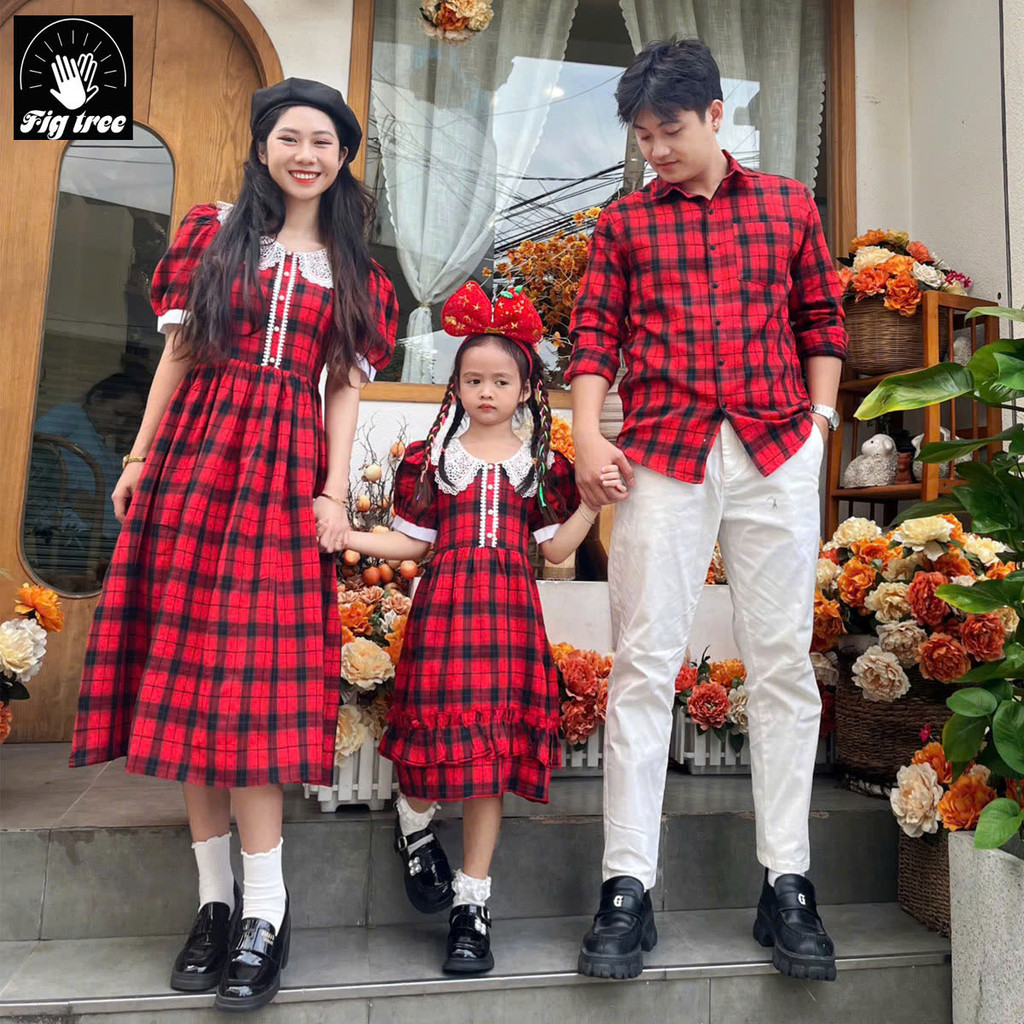 Set Áo Sơ Mi Váy Gia Đình Fig Tree Caro Đỏ New Đón Tết Siêu Sang ( MS 189)
