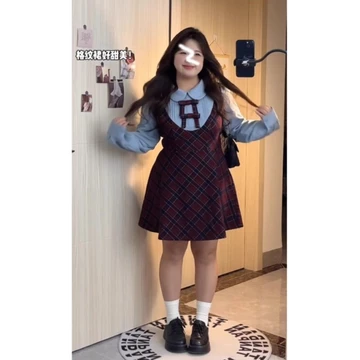 【Bess's house-bigsize】váy đẹp cho nữ sang chảnh，váy ôm body，váy nữ bigsize，váy tiểu thư sang chảnh，Mùa thu eo giảm béo và khí chất dịu dàng retro phong cách đại học kẻ sọc giả hai mảnh dành cho nữ，v