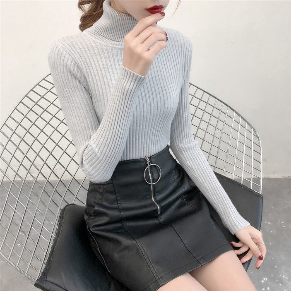 Áo len cổ cao Áo dệt kim dễ phối chui đầu màu trơn tôn dáng mẫu mới mùa thu đông cho nữ áo mặc trong kiểu Tây thời trang