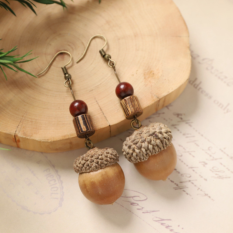 GHGl❤️Thực Vật Chính Hãng Bông Tai Rừng Trái Cây Tự Nhiên Acorn Handmade Retro Nữ Dài Phong Cách Dân Tộc Văn Học Trung Quốc Y Học Bông Tai