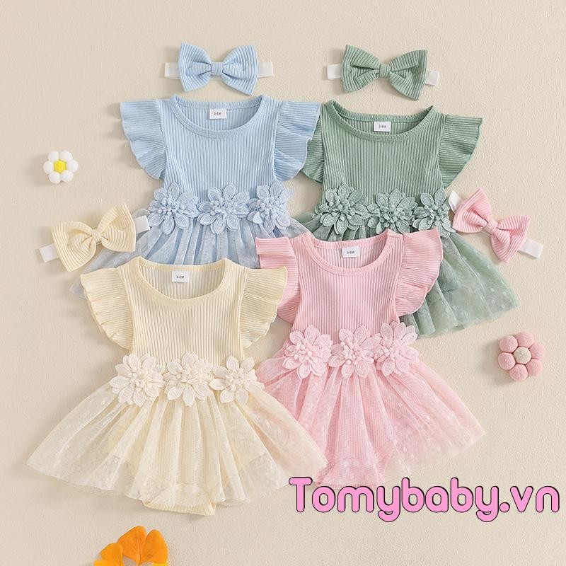Áo liền quần mùa hè cho bé gái có lưới ngắn tay cổ chữ O Miếng dán hoa Bộ áo liền quần dễ thương + Băng đô nơ