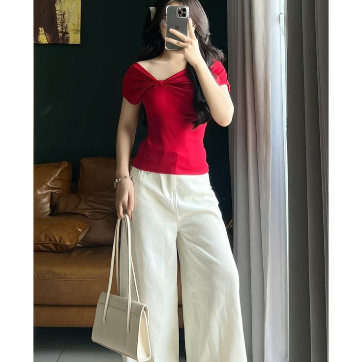Áo Nhún Nơ Ngực Lệch Vai, Áo Thun Trễ Vai Xoắn Chéo Ngực Ôm Body Phong Cách Ullzang_A513