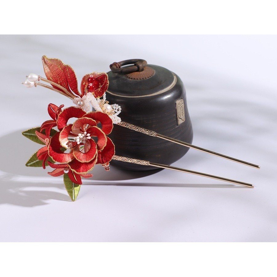 Tơ tằm bấm tơ nhung hoa bướm trâm cài tóc Trung Quốc cổ điển Hán phục trang sức màu đỏ hoa hồng tua cài tóc