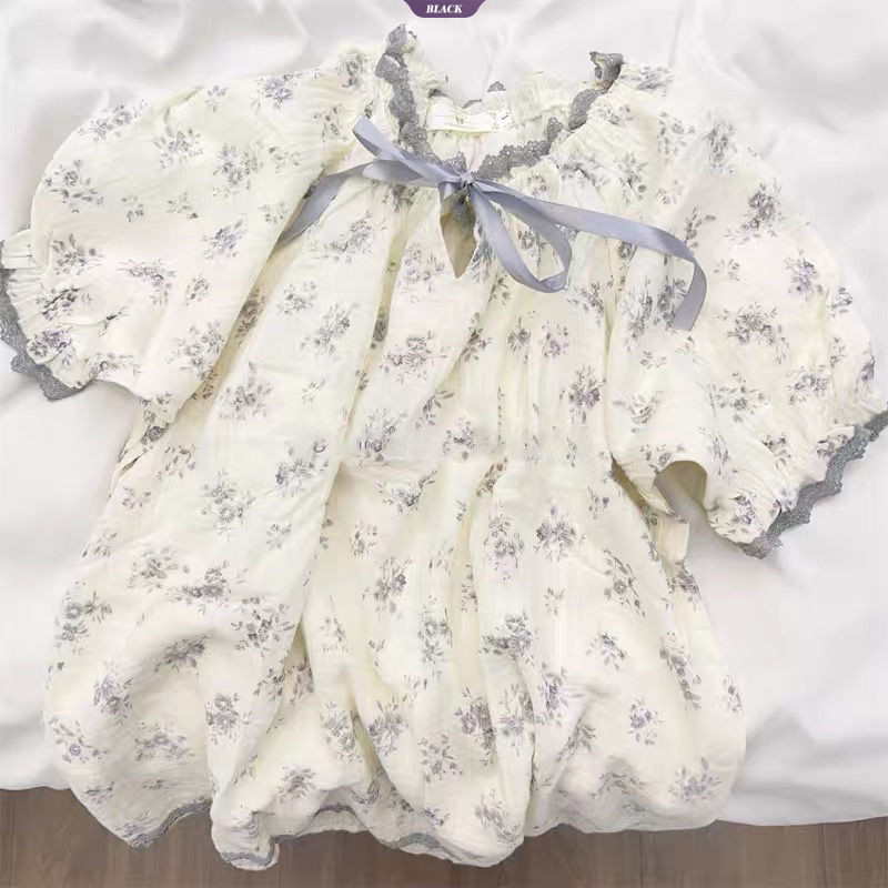 Bộ Đồ Ngủ Hoa Dễ Thương Nhật Bản Nữ Mùa Hè Tay Ngắn Ngọt Ngào Nơ Cổ Tròn Loungewear Set [BL]