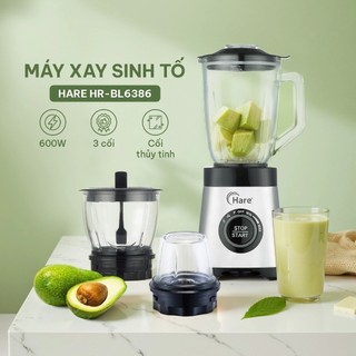 Máy xay sinh tố Hare HR BL6386 công suất 600W 3 cối thủy tinh, 4 chế độ xay bảo hành 12 tháng