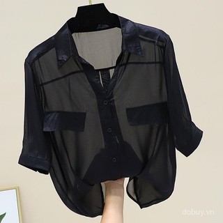 Thiết kế cảm giác niche áo chiffon ngắn tay cho phụ nữ mùa hè hơi trong suốt phong cách nhỏ áo bảo vệ cổ xương đòn cẩn thận