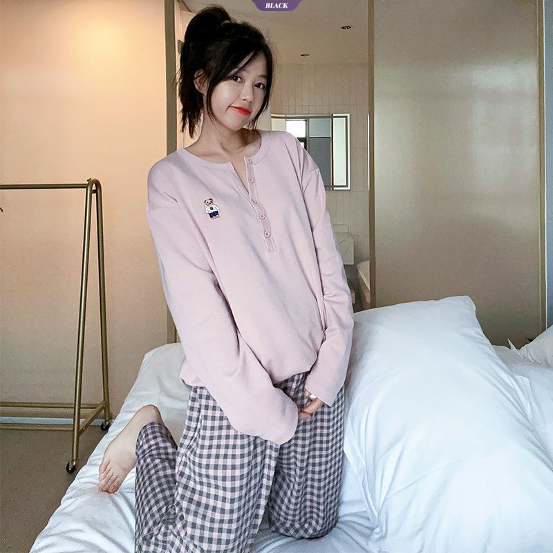Bộ Đồ Ngủ Mới Mùa Xuân Nữ Cổ Tròn Ins Phong Cách Dài Tay Kẻ Sọc Gấu Rời Homewear Bộ Đồ Hai Mảnh [BL]