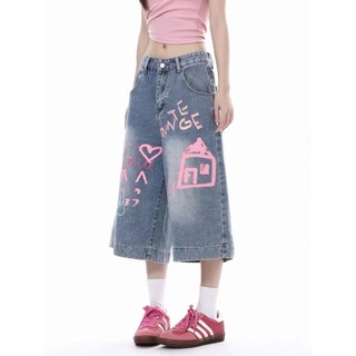 ESEA Quần short denim mới kiểu Mỹ cổ điển dáng rộng in graffiti phong cách trung tính
