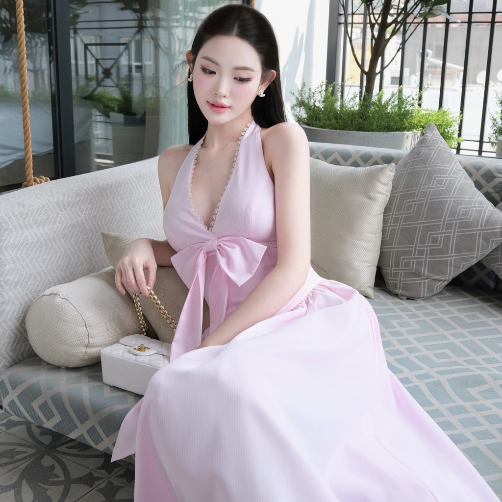 Đầm yếm dài kẻ sọc hồng KHIẾT phối nơ phong cách nữ tính mùa hè KD166A