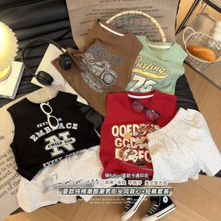 Bộ áo vest không tay cotton mùa hè cho trẻ em, quần short in chữ hoạt hình cho trẻ lớn, bộ hai mảnh