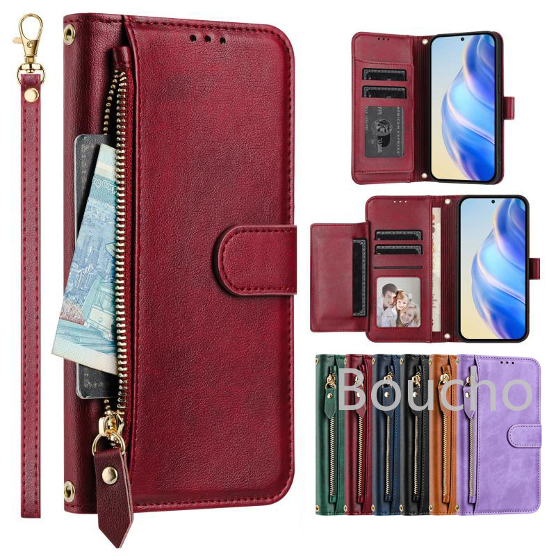 Dành Cho Iphone 13 14 15 16 Plus Pro Max 16E Retro Da PU Thẻ Bỏ Túi Khe Cắm Chống Sốc Flip Cover Thời Trang Dây Kéo Ví Điện Thoại