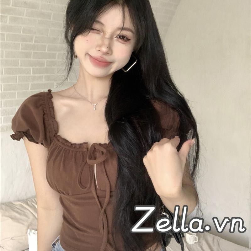 Phụ Nữ Dễ Thương Crop Áo Thun Thường Ngày Mùa Hè Màu Trơn Dây Rút Ruffle Cơ Bản Áo Tay Ngắn