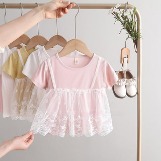 Áo thun ngắn tay ren patchwork mới cho bé gái mùa hè, áo màu trơn ngọt ngào cho trẻ em