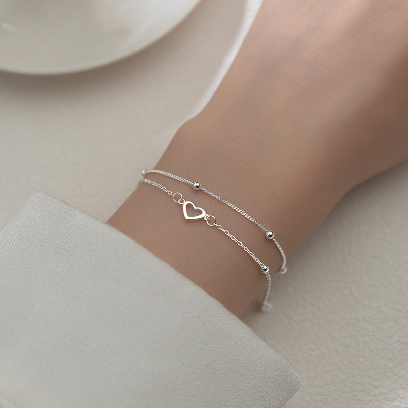 Đơn giản S925 Bạc Hai Lớp Trái Tim Tình Yêu Vòng Hạt Vòng Tay Thời Trang Lãng Mạn Nữ Trang Sức Có Thể Điều Chỉnh Quà Tặng