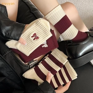 Siyuyan Nữ Tất Thu Đông Cotton Dệt Kim Học Sinh Nữ Ống Giữa Tất Nữ Sọc Hip Hop Ván Trượt Thể Thao Tất Sox VN