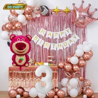 Set Bóng Trang Trí Sinh Nhật Tuổi Meo,tuổi Mão, thôi nôi, 12 con giáp cho bé gái - bé trai SNTE-RÈM HỒNG 3-GẤU DÂU