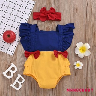 Mg-baby Bộ áo liền quần dễ thương Chiều dài vai Không tay Ruffle Trim Slim Fit Nơ Trang trí Băng đô Jumpsuits Phù hợp với