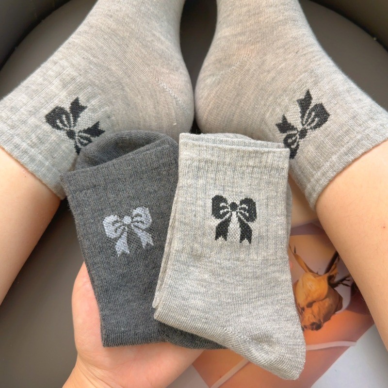 2 Đôi Tất Ống Giữa Nơ - Thoải Mái, Thoáng Khí, Mềm Mại, Phong Cách INS - Vớ Cotton Giữa Ống Chống Pilling - Tất Dày Mùa Thu Đông Ấm Áp