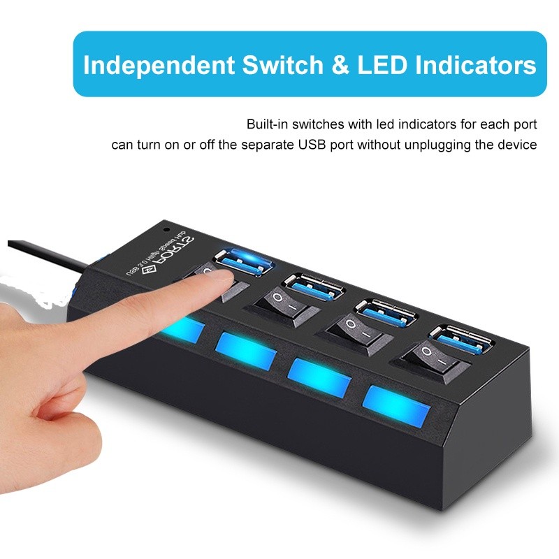 [Sẵn sàng] Bộ chuyển đổi bộ chia USB 2.0 4 cổng Hub 480 Mbps có công tắc bật / tắt cho máy tính xách tay PC