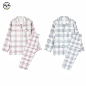 Phong cách Nhật Bản Muji Style / Đồ ngủ ca rô Flannel / Bộ đồ ngủ chải thoải mái ấm áp / Đồ lót mềm liền mạch