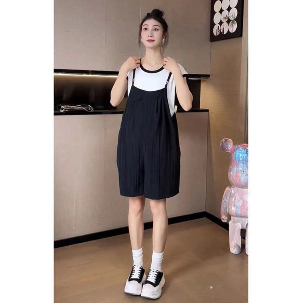 Bộ đồ bà bầu Mùa hè Phong cách mới Thời trang Màu sắc tương phản Áo thun ngắn tay + Quần yếm Bộ đồ hai mảnh