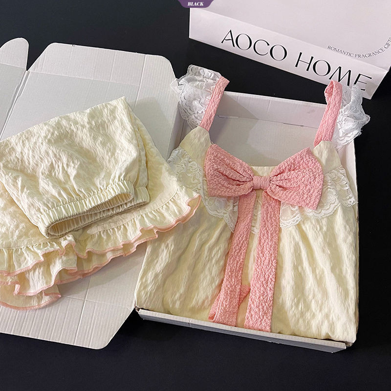Nơ Hồng Có Miếng Lót Áo Ngực Bộ Đồ Ngủ Nữ Mùa Hè Ren Ngọt Ngào Gợi Cảm Quần Short Homewear Suit [BL]