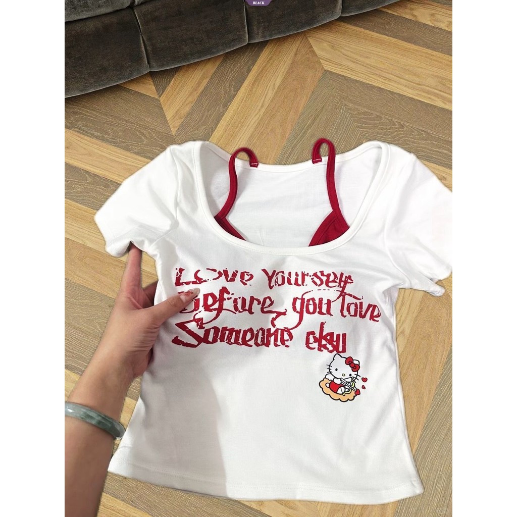 Mùa Hè Spice Girls Giả Hai Chữ Cái In Hình Mèo KT Nữ Mỹ Mỏng Ngắn Có Miếng Lót Ngực Tay Ngắn [BL]