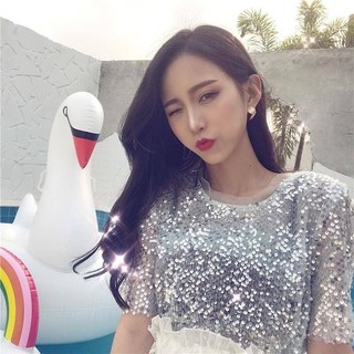 Top voan ngắn tay đính kim sa lấp lánh xu hướng thời trang Hàn Quốc 2022, phù hợp mặc hàng ngày