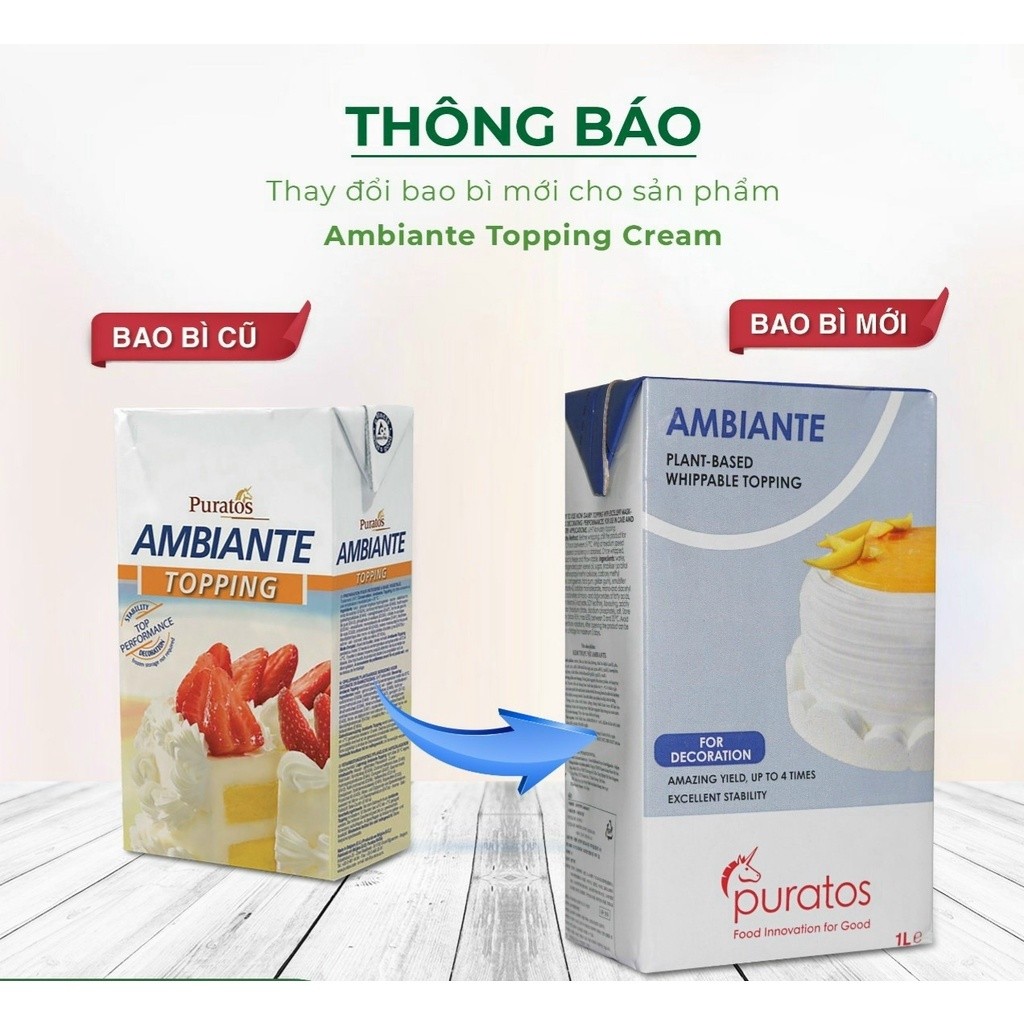 Kem Sữa Béo Thực Vật Ambiante Topping Cream Hộp 1L, Dùng Cho Bánh Mousse, Pudding Hoặc Bánh Tiramisu