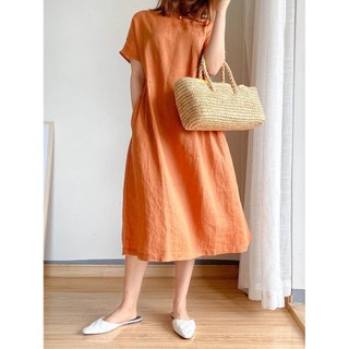 Váy vải lanh Cotton nữ tay ngắn cổ tròn dáng rộng