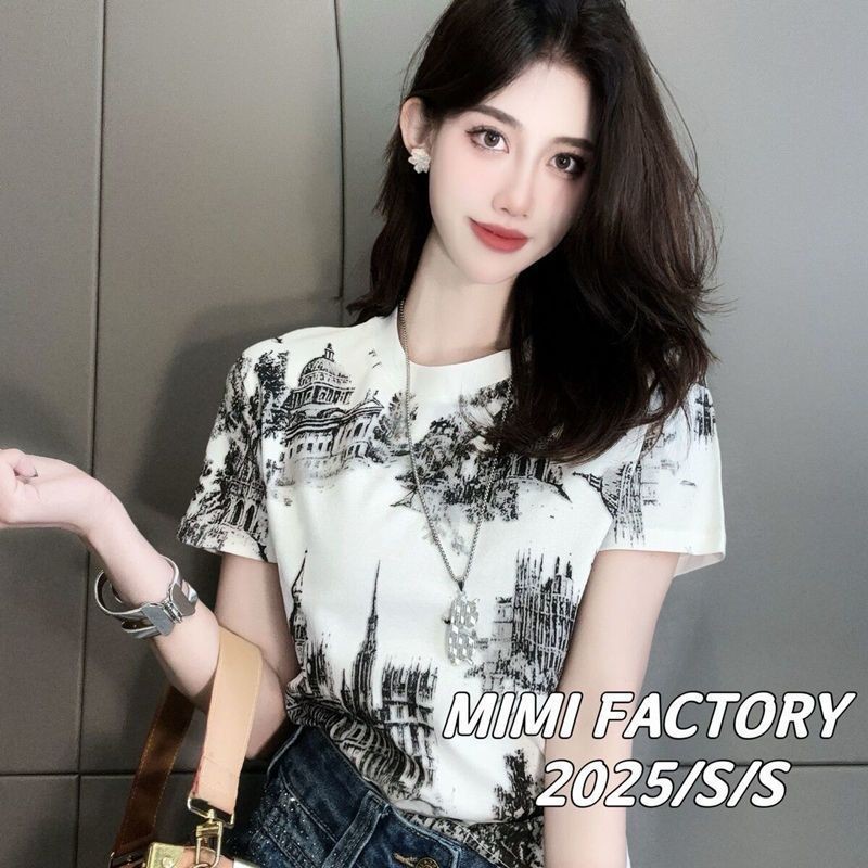 Áo thun nữ chữ cái mùa hè 2025 retro in mới giảm béo thời trang dáng rộng thường ngày chắp vá hàng đầu