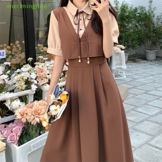 Onetimingfine Chữ A Đơn Giản Giả Hai Miếng Đầm Thời Trang Hàn Quốc Preppy Phong Cách Mùa Hè Vintage Nữ Đầm Maxi VN