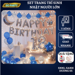 Set trang trí sinh nhật người lớn kiểu hàng quốc màu trắng đen SNNL-XANH DƯƠNG 05, Bóng bay trang trí sinh nhật cho bé