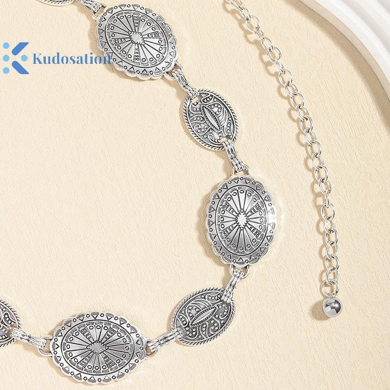 Kudosation Phong Cách Retro Nữ Dây Thắt Lưng Kim Loại Có Thể Điều Chỉnh Trang Trí Vòng Tròn Khắc Dây Xích Đai Phong Cách Cao Cấp Phụ Kiện