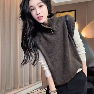 Pháp Bên Ngoài Mặc Nửa Mở Áo Len Cổ Rùa Áo Vest Nữ Đầu Thu Đông Ấm Áp Bên Trong Áo Vest Không Tay Top