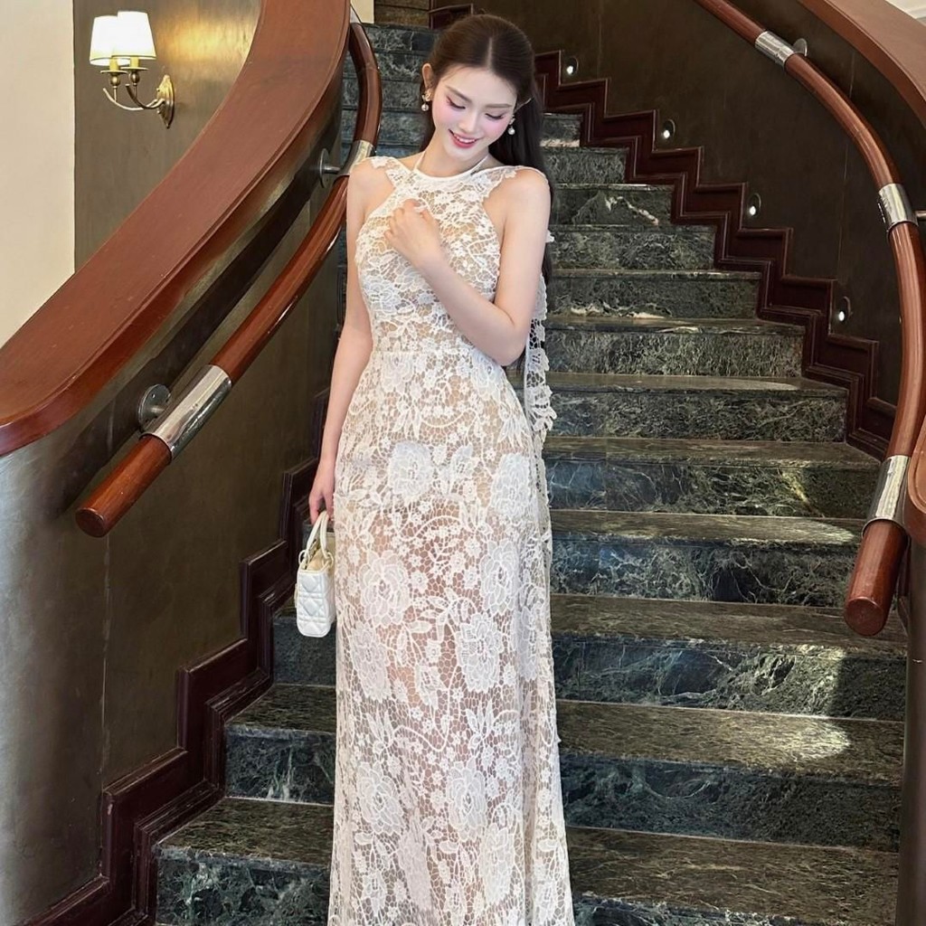 Đầm maxi Khiết Fashion ôm dài cổ yếm ren hoa dây màu kem quyến rũ đi tiệc KD120