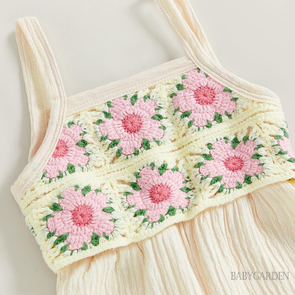 Bé gái móc hoa cổ vuông dây đeo spaghetti liền thân liền quần áo mùa hè dễ thương
