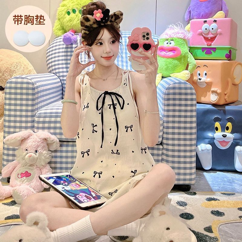 Mùa Hè Phong Cách Mới Mây Cotton Hoạt Hình Ngọt Ngào Bộ Đồ Ngủ Nữ Có Miếng Lót Ngực Cố Định Phong Cách Mỏng Rời Thường Ngày Homewear Phù Hợp Với