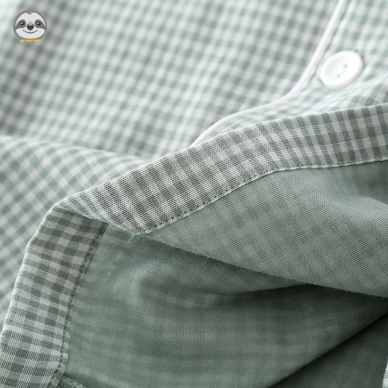 Phong cách Nhật Bản Phong cách Muji / Áo sơ mi nam kẻ sọc đơn giản Bộ đồ ngắn tay bằng Cotton nguyên chất / Bộ đồ ngủ gạc Cotton nguyên chất phong cách mỏng mùa hè / Nam có thể mặc bên ngoài Loungewear